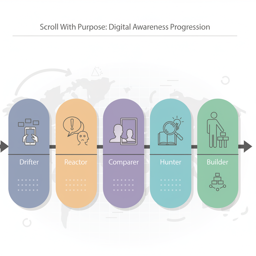 Drifter, Reactor, Comparer, Hunter, Builder — the five levels of digital awareness